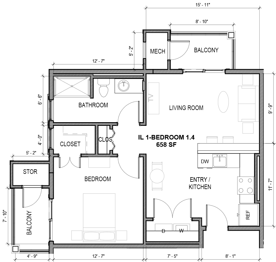 An architectural floor plan illustrating the layout of a residential space.
