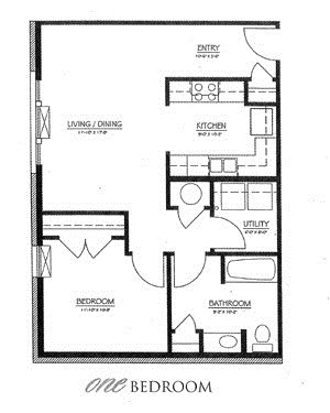 A floor plan of a one-bedroom apartment layout featuring living/dining area, kitchen, bathroom, and closet space.