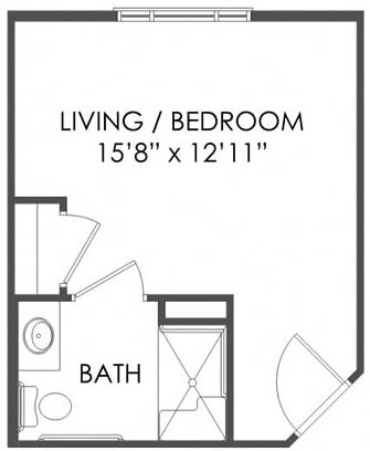 Studio apartment floor plan with combined living and bedroom area.