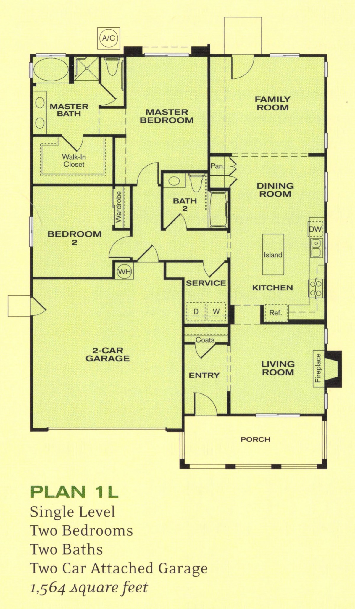 A detailed floor plan of a house featuring a 2-car garage, bedroom, bathroom, kitchen, living room, and porch.