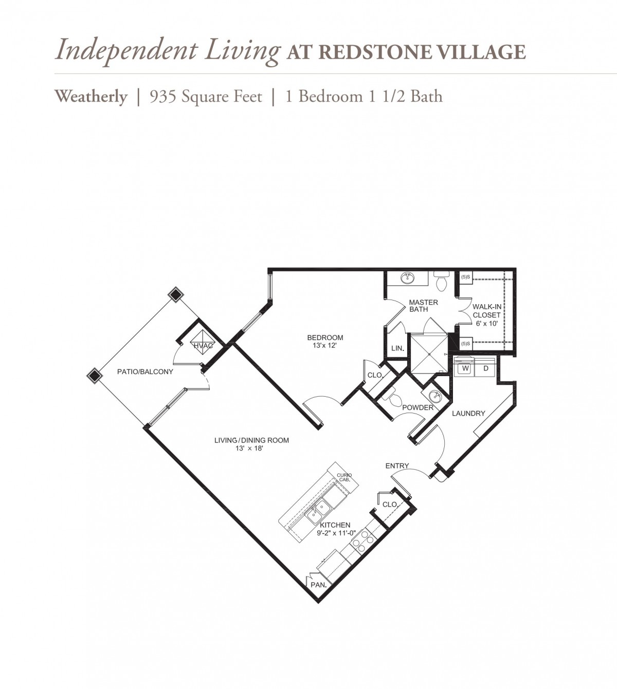 Floor plan of a one-bedroom, 1.5-bath apartment at Redstone Village.