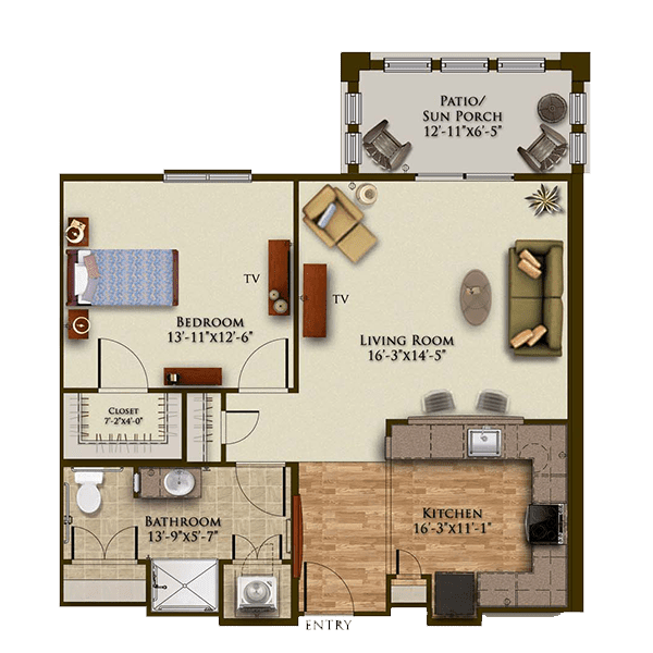 A detailed floor plan of a one-bedroom apartment, featuring a kitchen, living room, bedroom, bathroom, and patio.