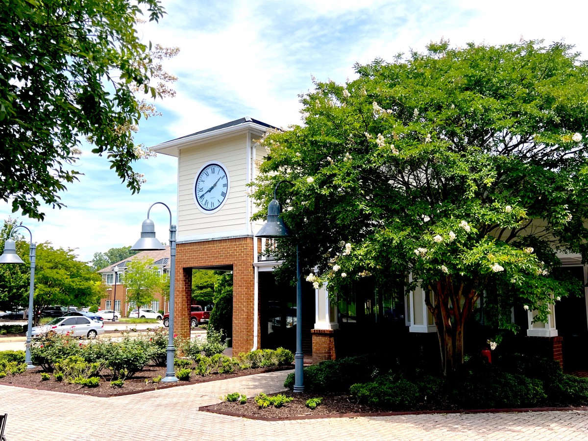 A scenic view of a clock tower surrounded by lush greenery and a clear blue sky.