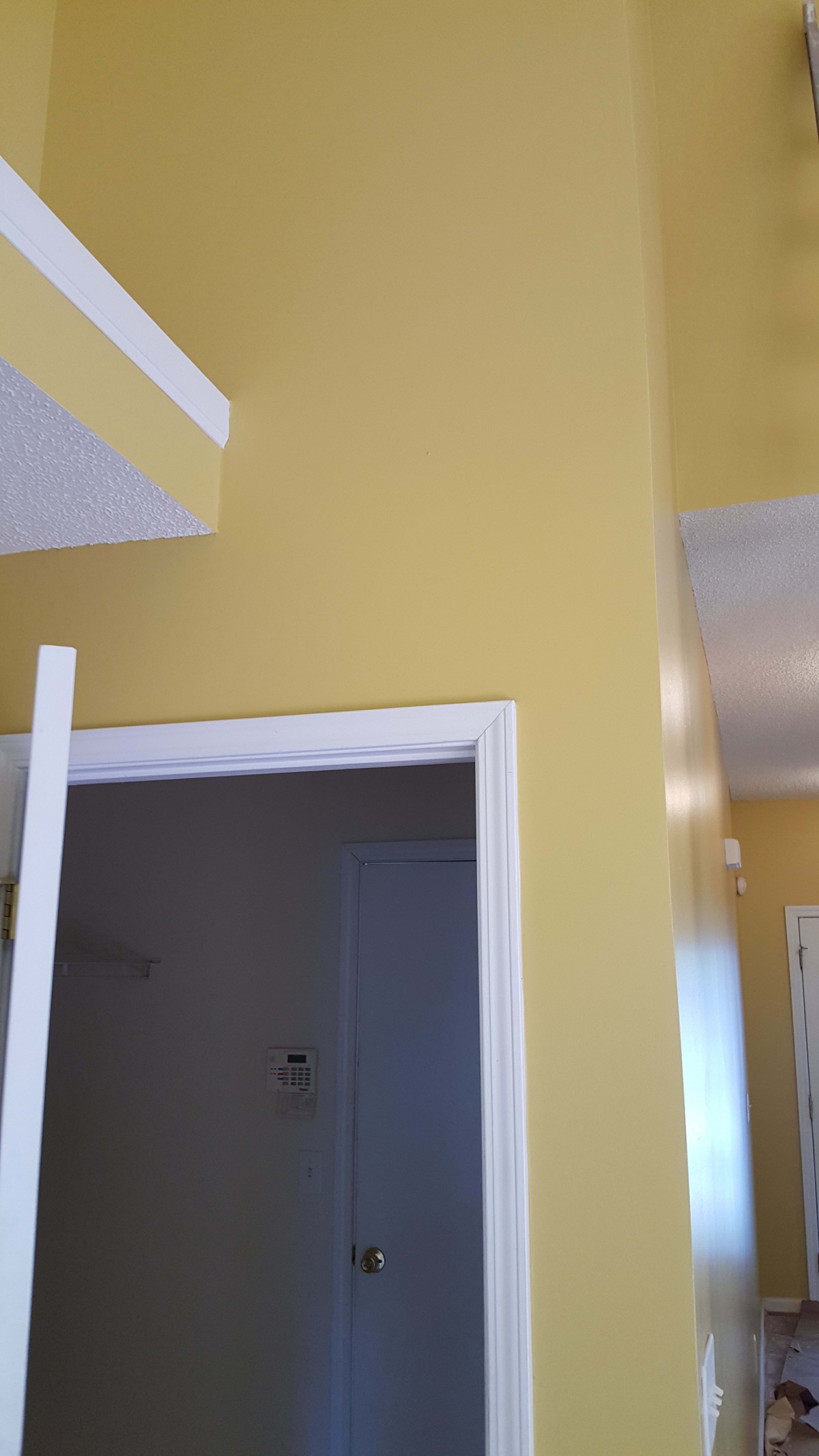 An interior view featuring a yellow-painted wall with doorways and white trim.