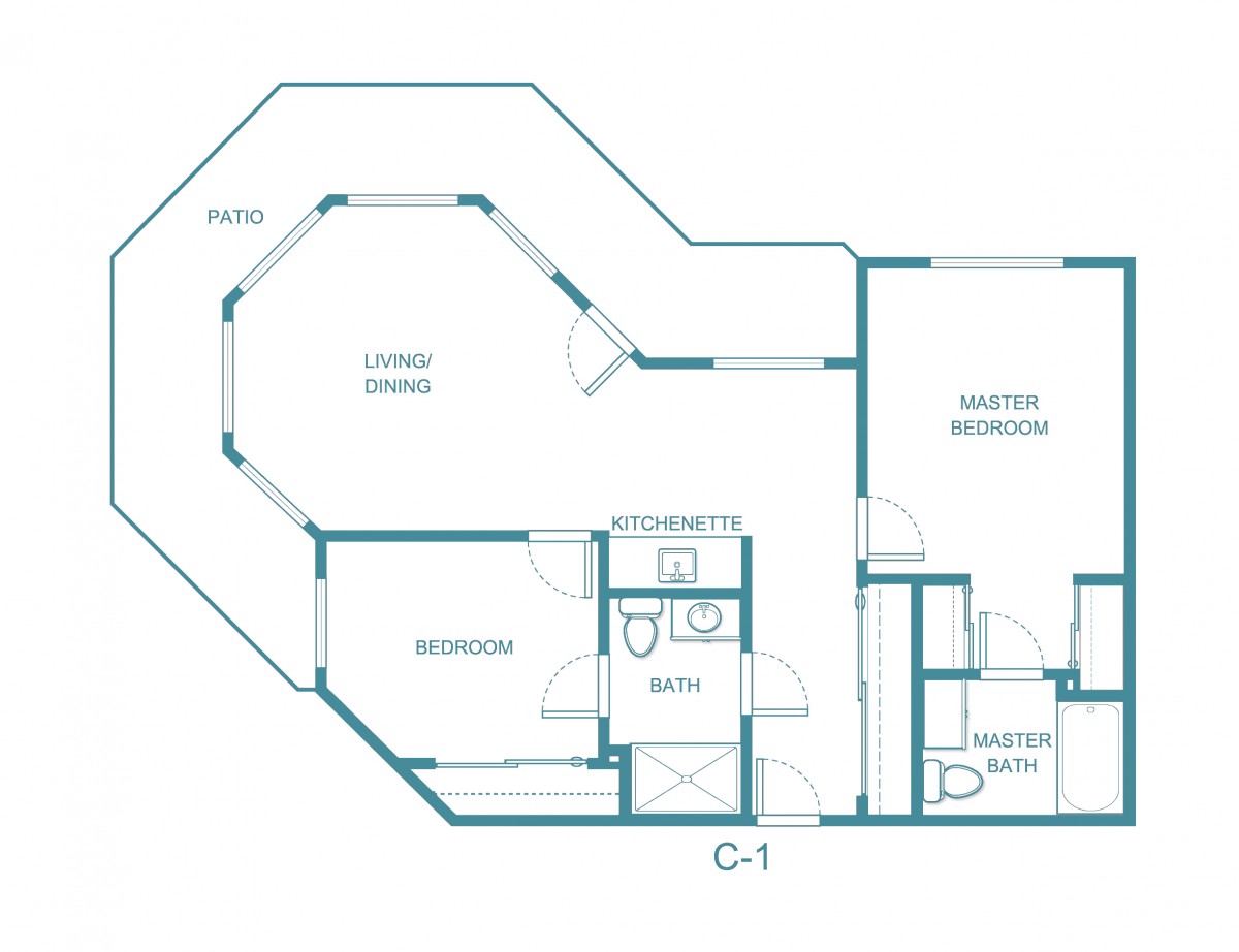 A detailed floor plan of a residential unit featuring a living area, kitchen, bedrooms, and bathrooms.