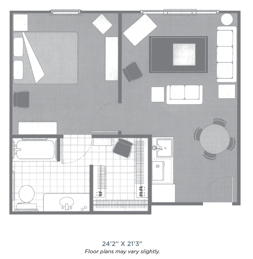 A floor plan layout of a one-bedroom apartment including living room, kitchen, and bathroom.