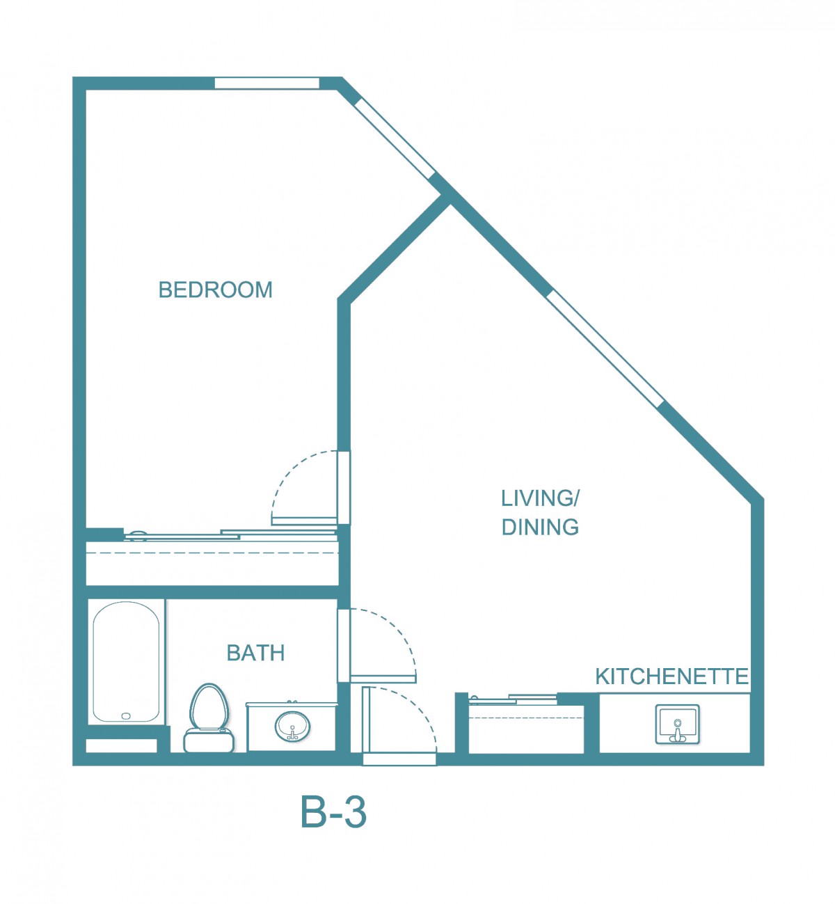 A floor plan of a one-bedroom apartment featuring a living area, kitchenette, and bathroom.