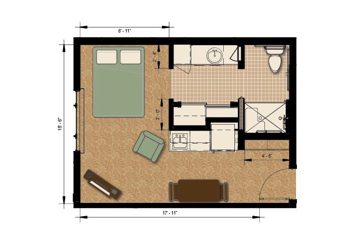 A compact floor plan featuring a bedroom, living area, and bathroom.