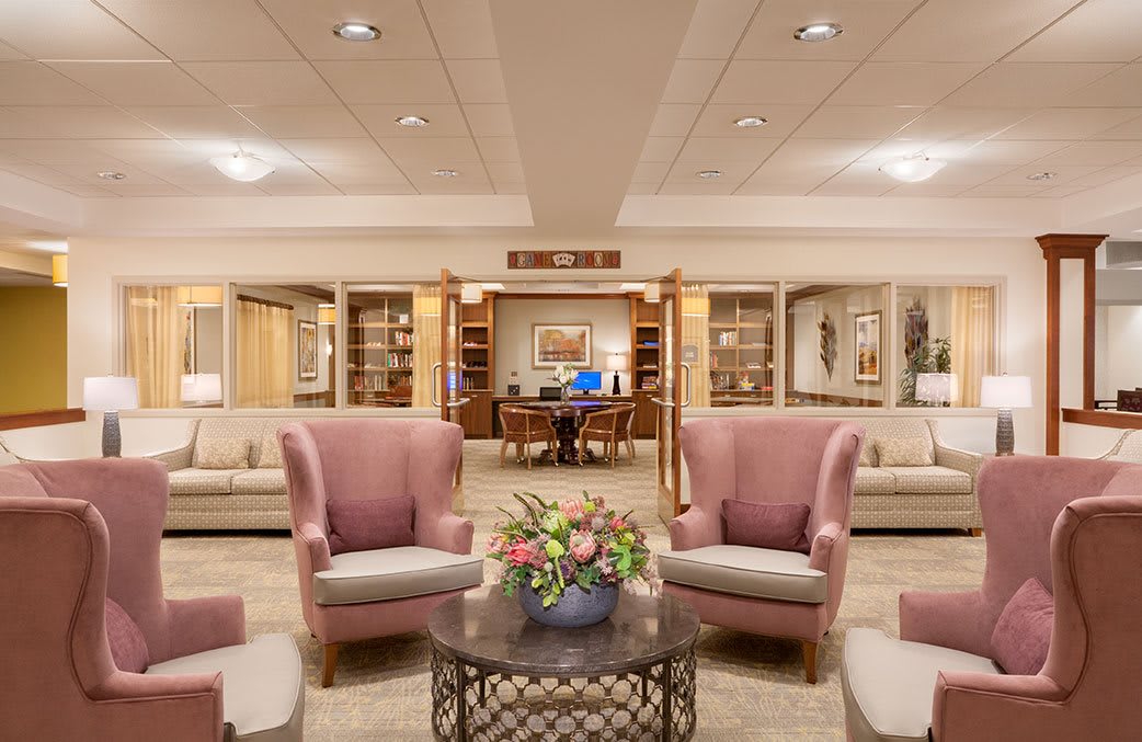 A modern lobby area with comfortable seating and elegant decor.
