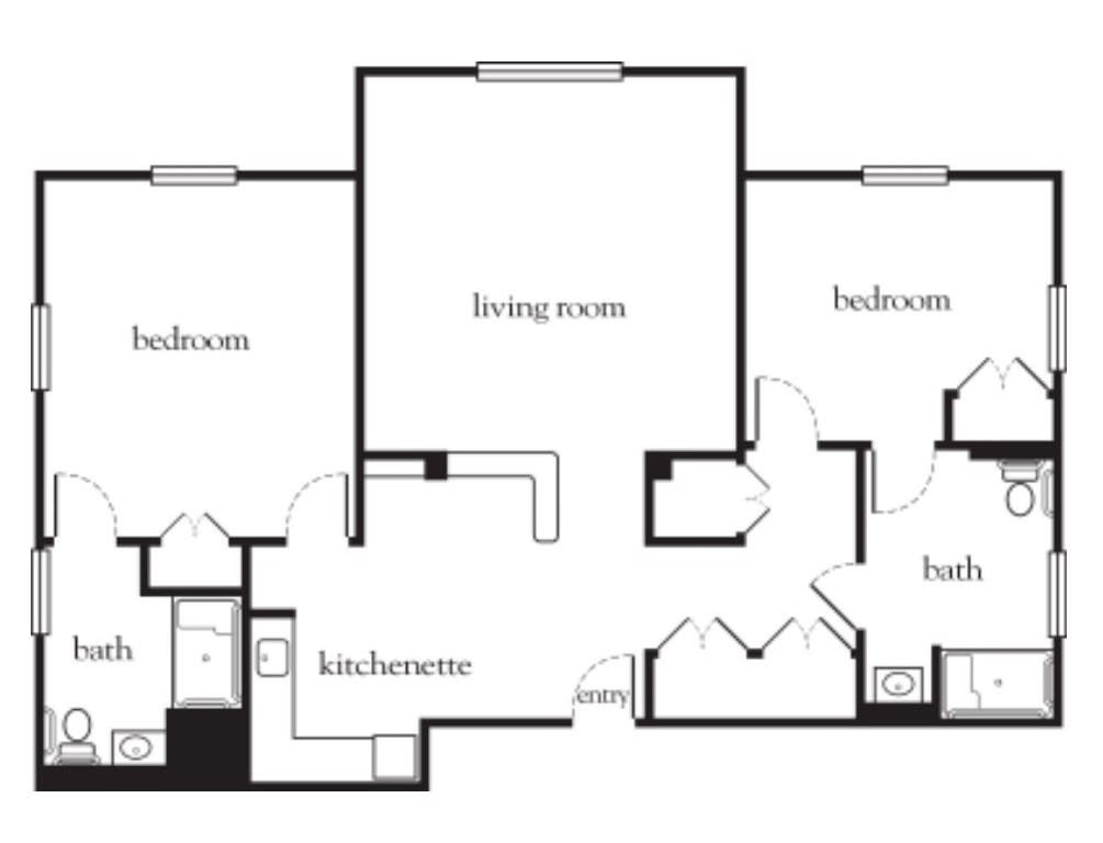 A detailed floor plan of a two-bedroom apartment with living room, kitchen, and bathroom.
