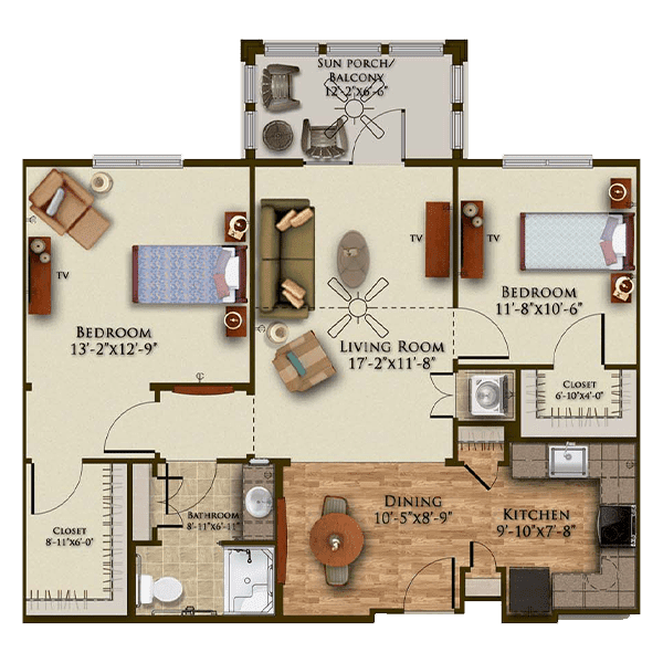 A detailed floor plan of a two-bedroom apartment including a living room, kitchen, dining area, and bathroom.