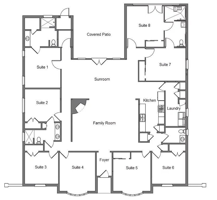A detailed floor plan of a multi-room apartment, featuring bedrooms, bathrooms, kitchen, and living spaces.