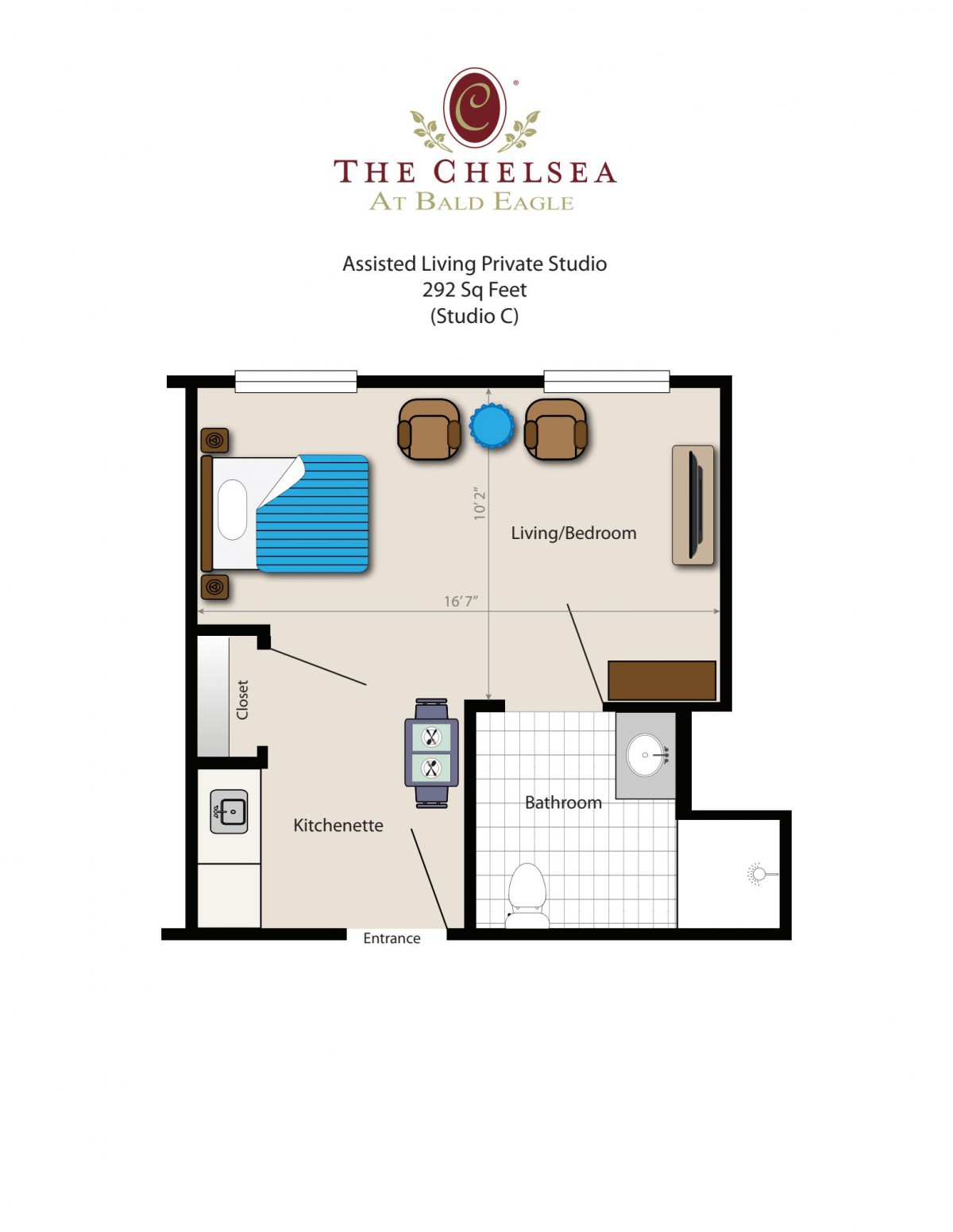 A floor plan of a studio apartment at The Chelsea, featuring a living area, kitchen, and bathroom.