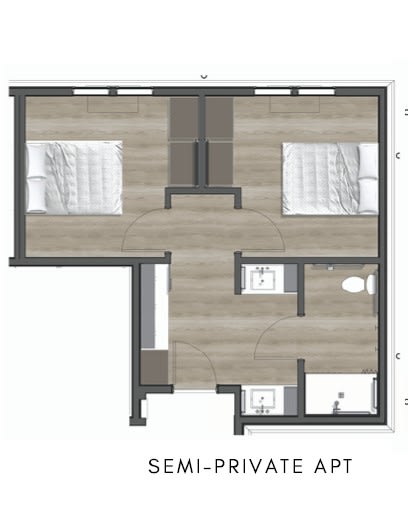 This is a semi-private apartment floor plan showing two bedrooms, shared living space, and bathroom facilities.