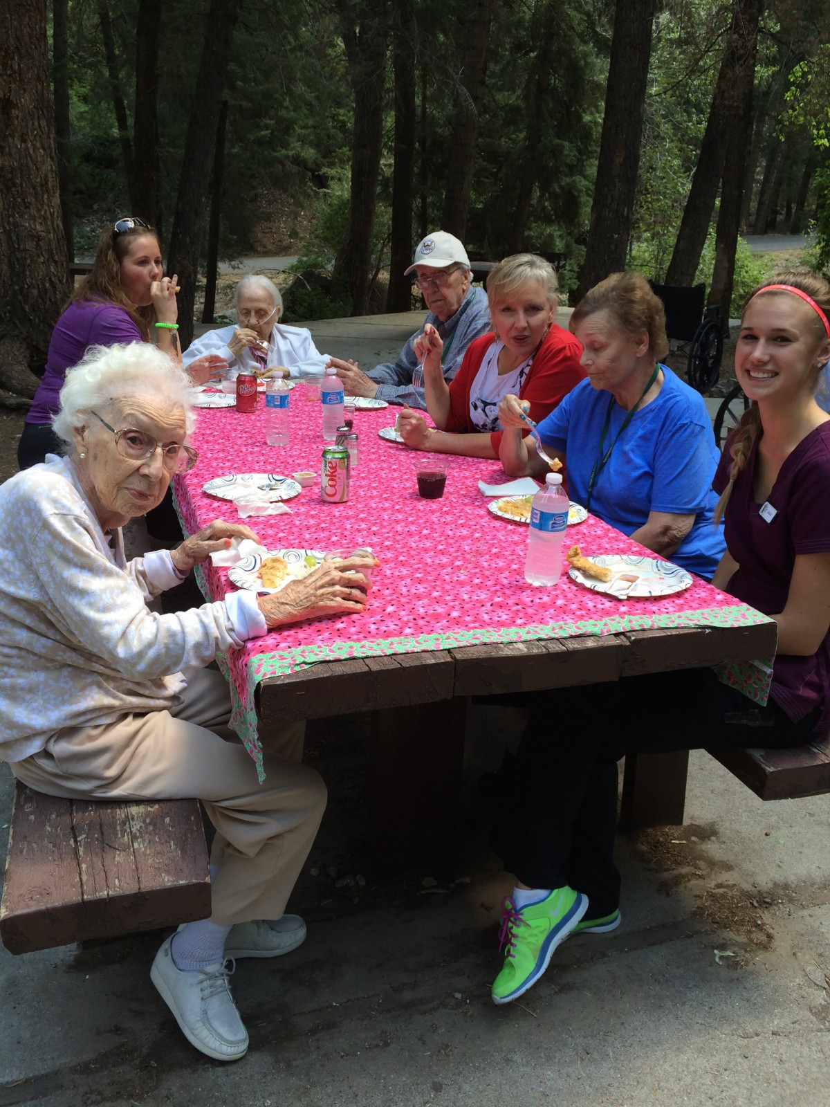 A group of people enjoying a picnic together in a forest setting.