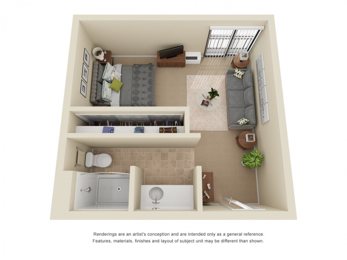 A 3D floor plan of a modern one-bedroom apartment featuring an open living area, cozy bedroom, and compact kitchen and bathroom.