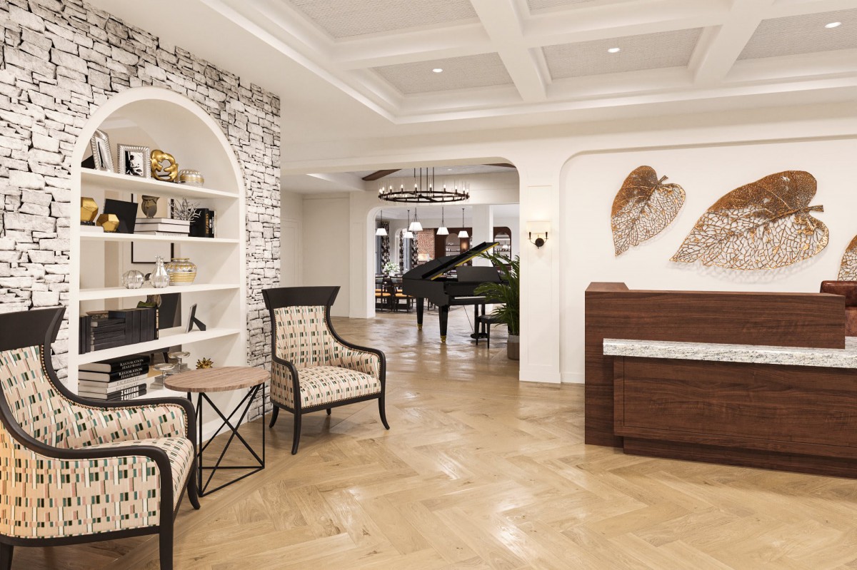An elegantly designed lobby featuring a grand piano and stylish furniture.