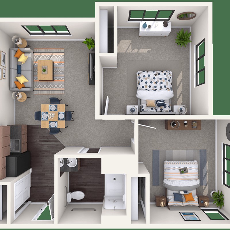 A 3D rendered floor plan of a modern apartment featuring a living room, kitchen, bedroom, and bathroom.