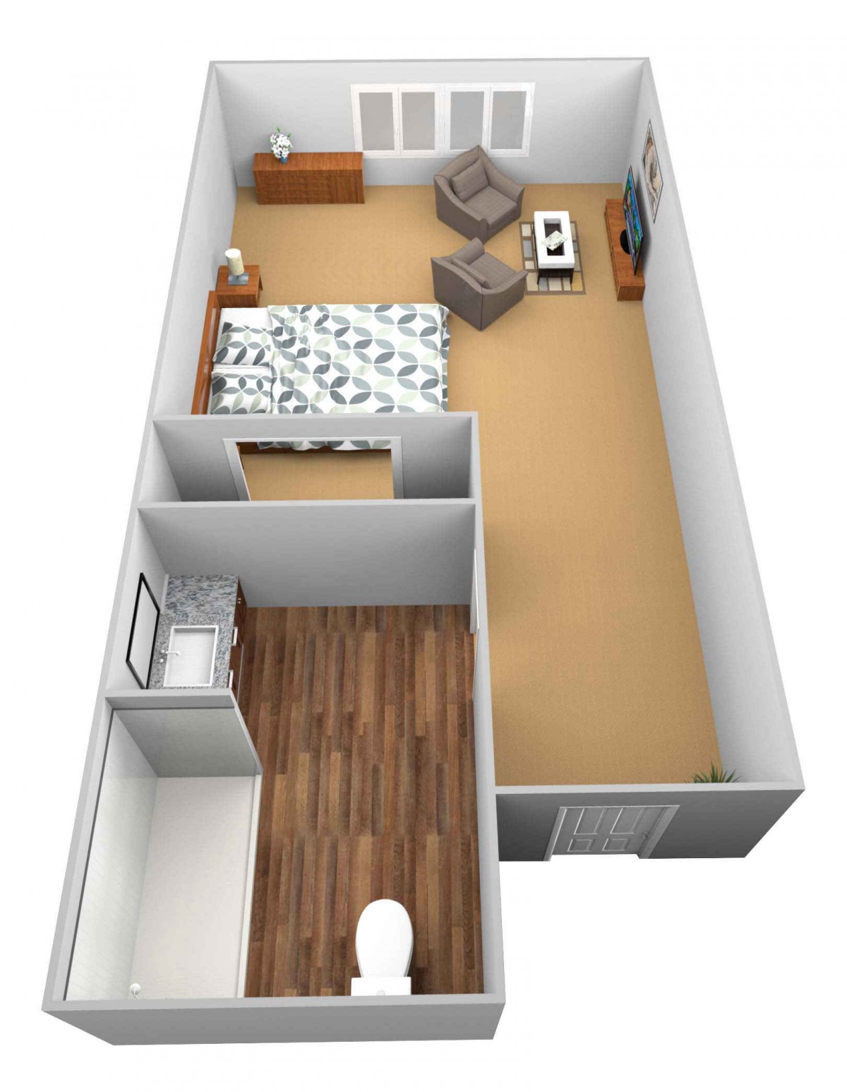 A 3D rendered floor plan showing a bedroom, living area, and bathroom.