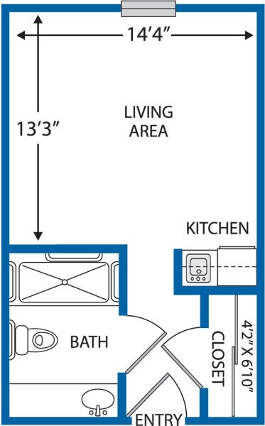 A floor plan of a studio apartment showing the living area, kitchen, and bathroom.