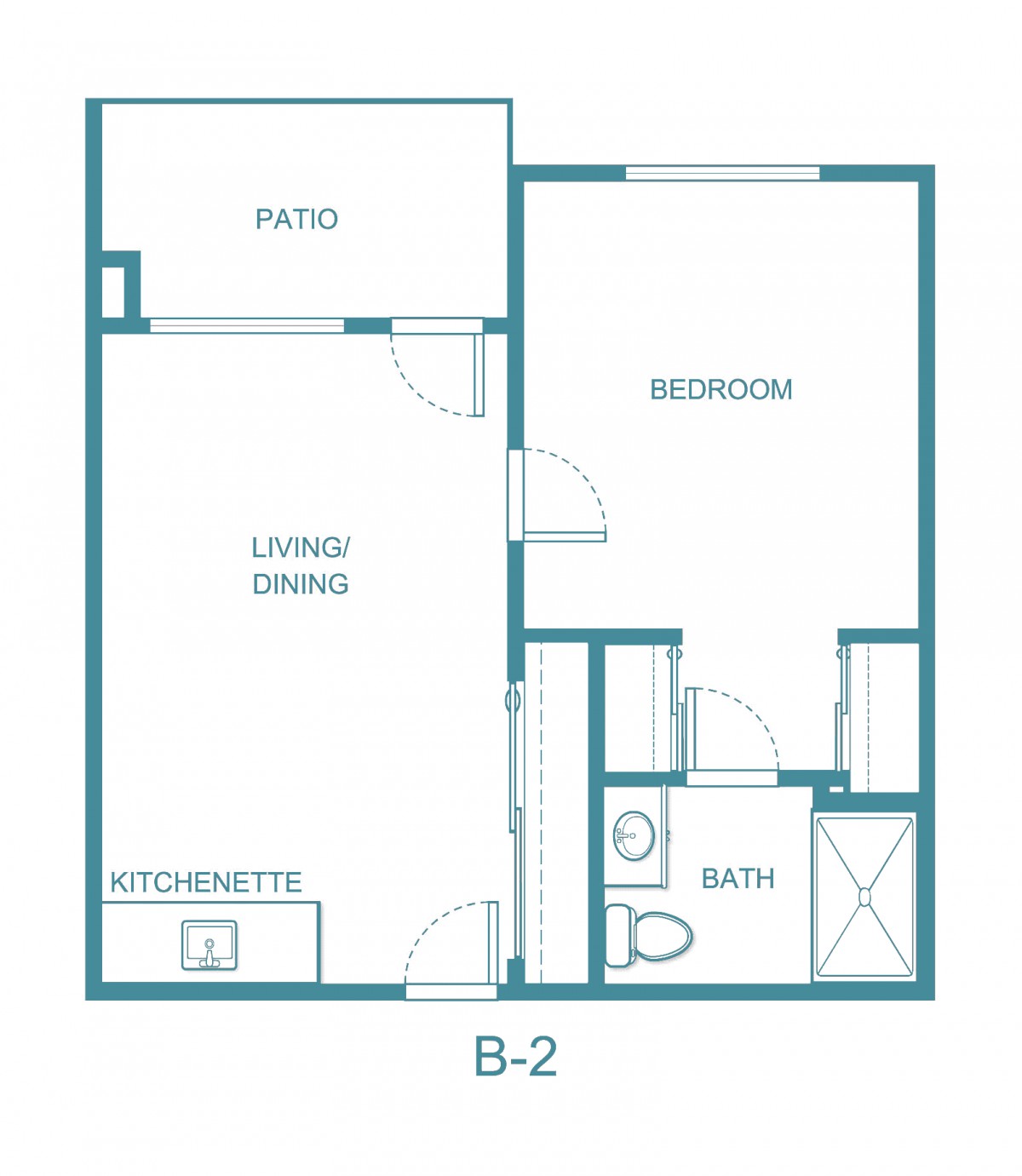 A floor plan labeled B-2 featuring a living area, bedroom, bathroom, kitchenette, and patio.