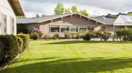 A suburban house with a well-maintained lawn and garden.