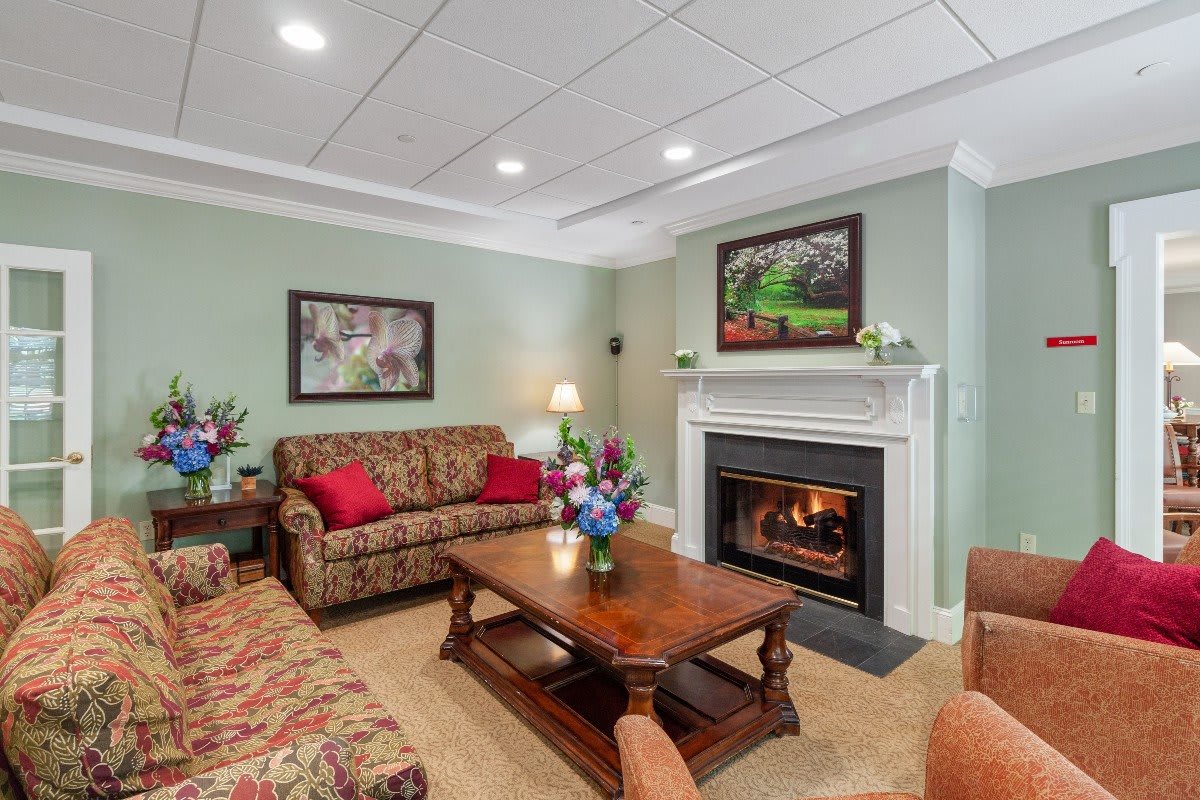 A cozy living room featuring a fireplace, comfortable sofas, and elegant decor.