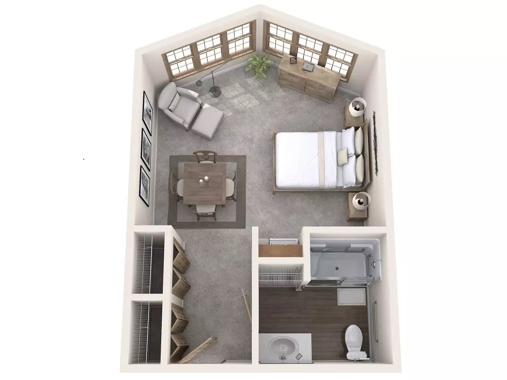 A compact and efficient one-bedroom apartment floor plan with a combined living and dining area, a separate bedroom, and a bathroom.