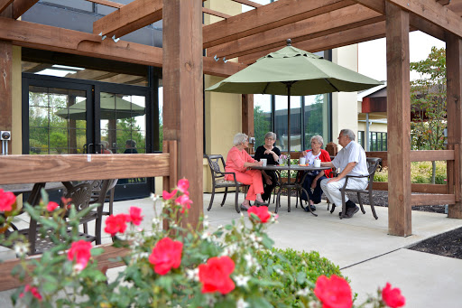 A group of seniors enjoying a sunny day together on a patio, surrounded by blooming flowers.
