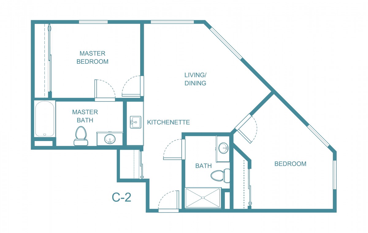 Floor plan of a two-bedroom apartment with a kitchenette and two bathrooms.
