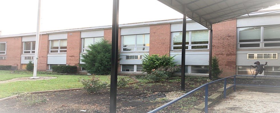 A school building with brick walls, several windows, and surrounding bushes.
