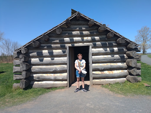 A person standing in the doorway of a log cabin under a clear blue sky.