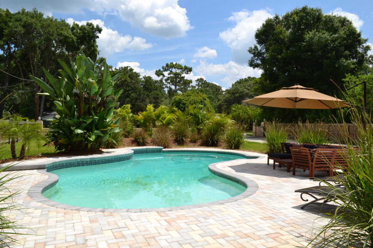 A sunny outdoor pool area surrounded by lush greenery and equipped with patio furniture.