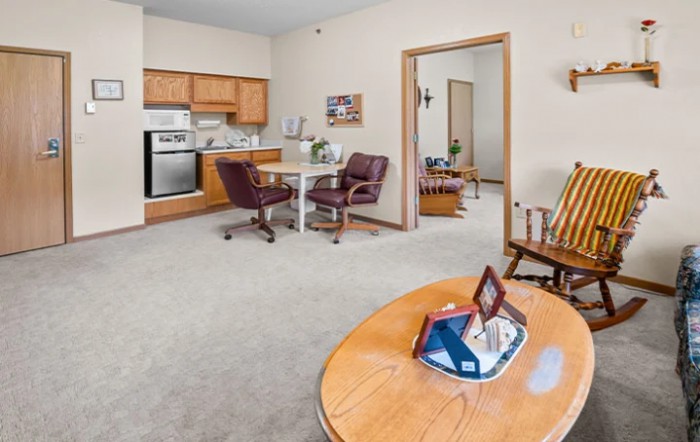 A cozy living space featuring a compact kitchen and dining area with carpeted flooring.