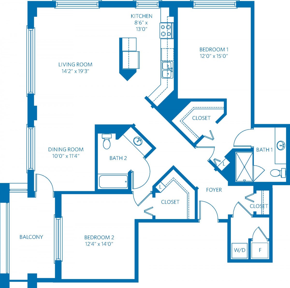 A detailed floor plan of an apartment with labeled rooms and areas.