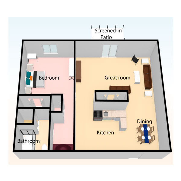 A 3D floor plan of an apartment featuring a bedroom, bathroom, kitchen, living room, and dining area.
