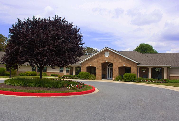 A brick building with a tree in front and a circular driveway.