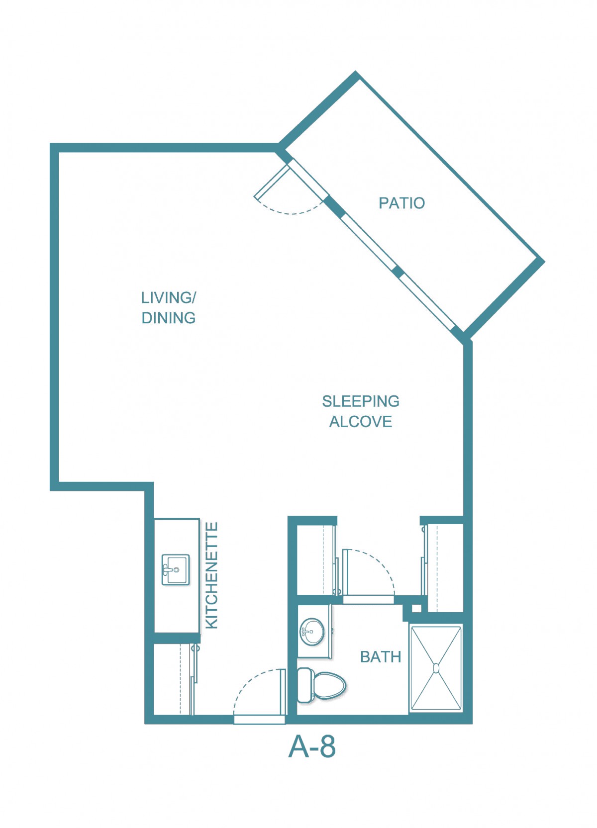 Studio apartment floor plan with a sleeping alcove and patio.