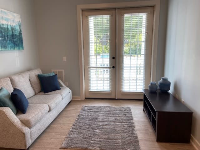 A cozy living room with a sofa, decorative pillows, and French doors allowing natural light to brighten the space.