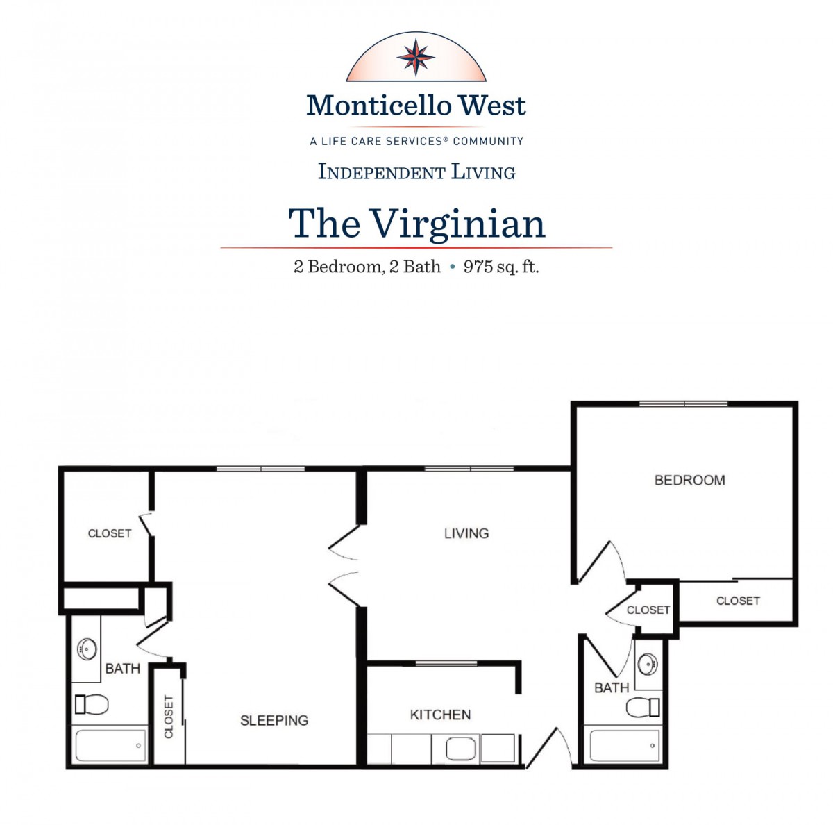 Floor plan of The Virginian: a one-bedroom, one-bathroom apartment layout.