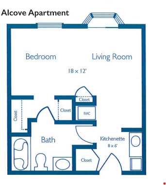 Floor plan of an alcove apartment featuring a combined bedroom and living room.
