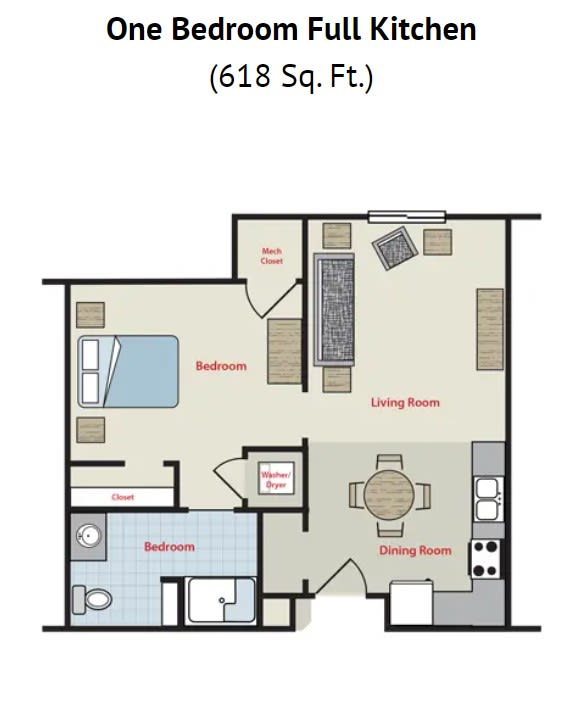 A floor plan of a 618 square foot apartment featuring a bedroom, living room, kitchen, and bathroom.