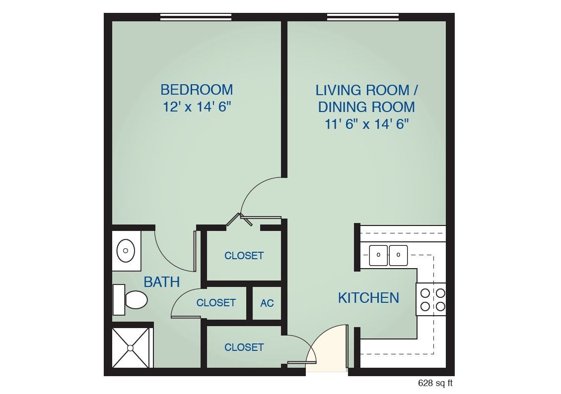A floor plan of a one-bedroom apartment featuring a living/dining room, kitchen, bathroom, and multiple closets.