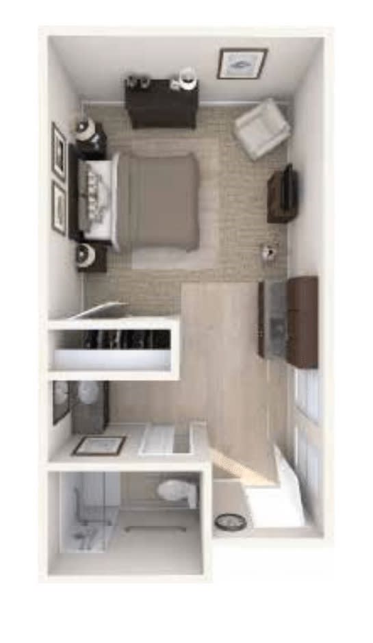 A top-view layout of a minimalist bedroom design in a small space.