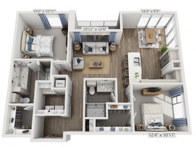 A detailed floor plan of a modern two-bedroom apartment featuring a living room, kitchen, and bathroom.