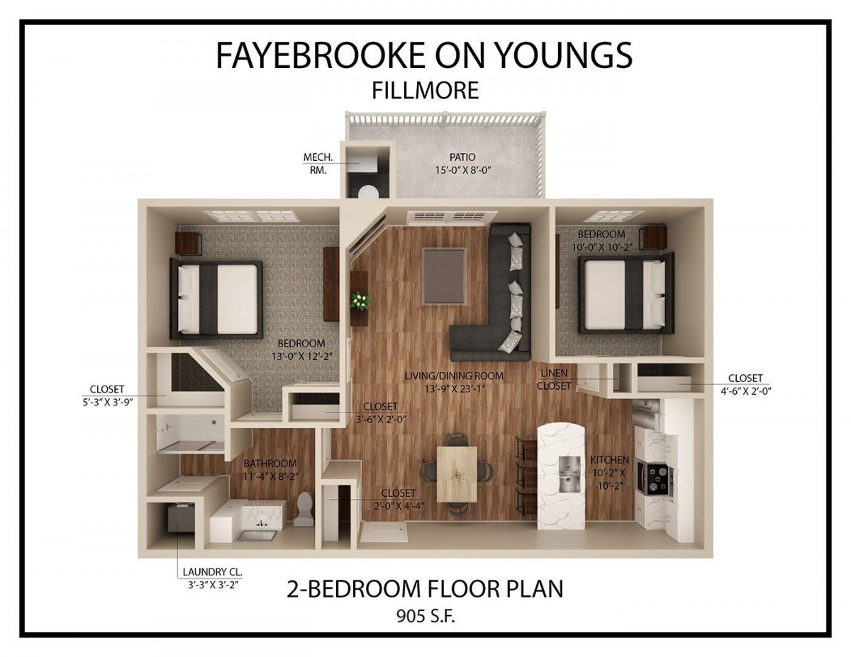 A detailed floor plan of a two-bedroom apartment labeled 'Fayebrooke on Youngs - Fillmore', showcasing the layout with bedrooms, living area, and kitchen.