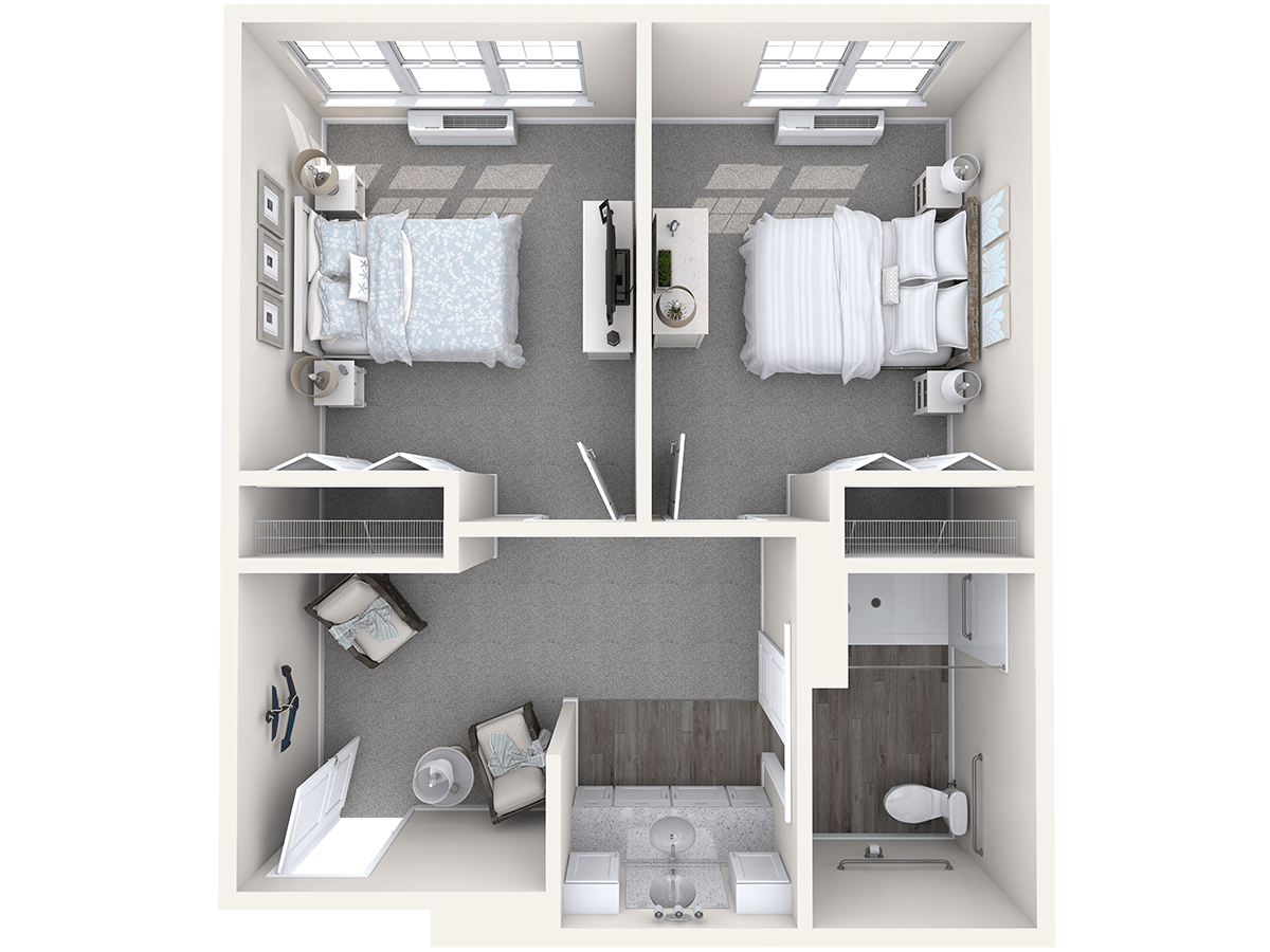 A modern two-bedroom apartment floor plan featuring a compact living area and bathroom.