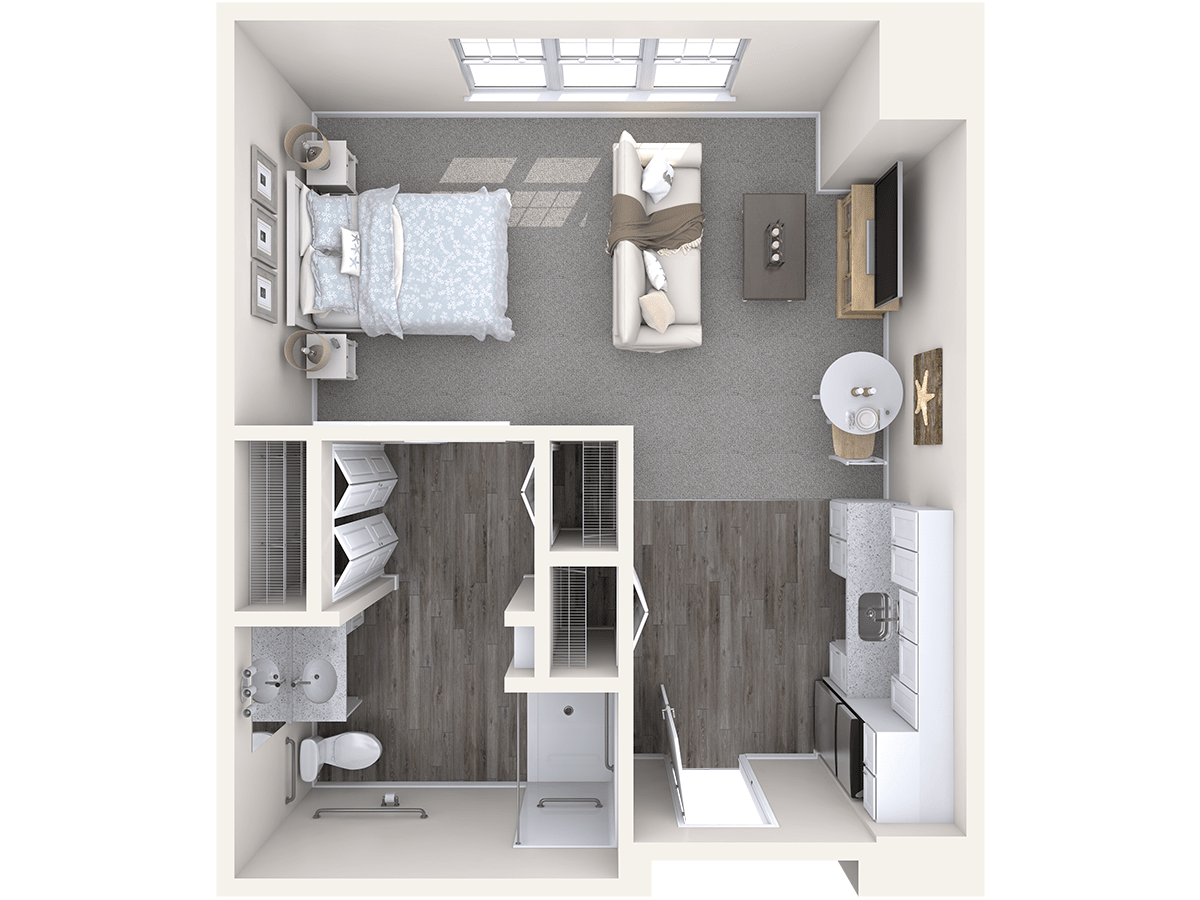 A detailed floor plan of a compact apartment featuring a bedroom, living room, kitchen, and bathroom.
