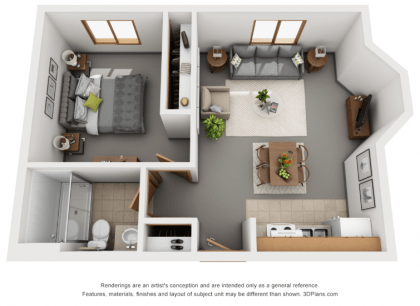 A detailed floor plan of a cozy apartment featuring a bedroom, living room, kitchen, and bathroom.