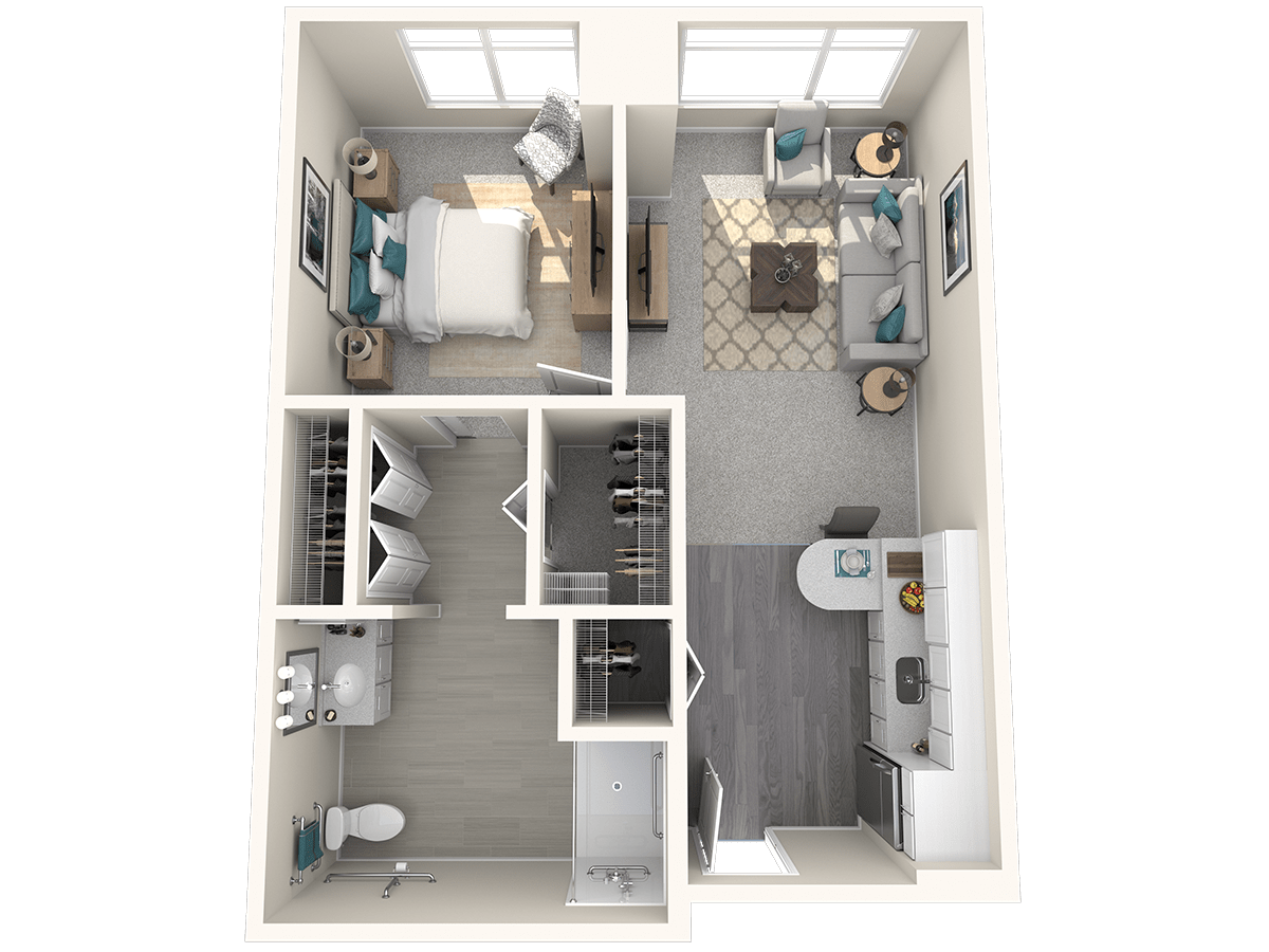 One-bedroom apartment floor plan with a living room, kitchen, and bathroom.